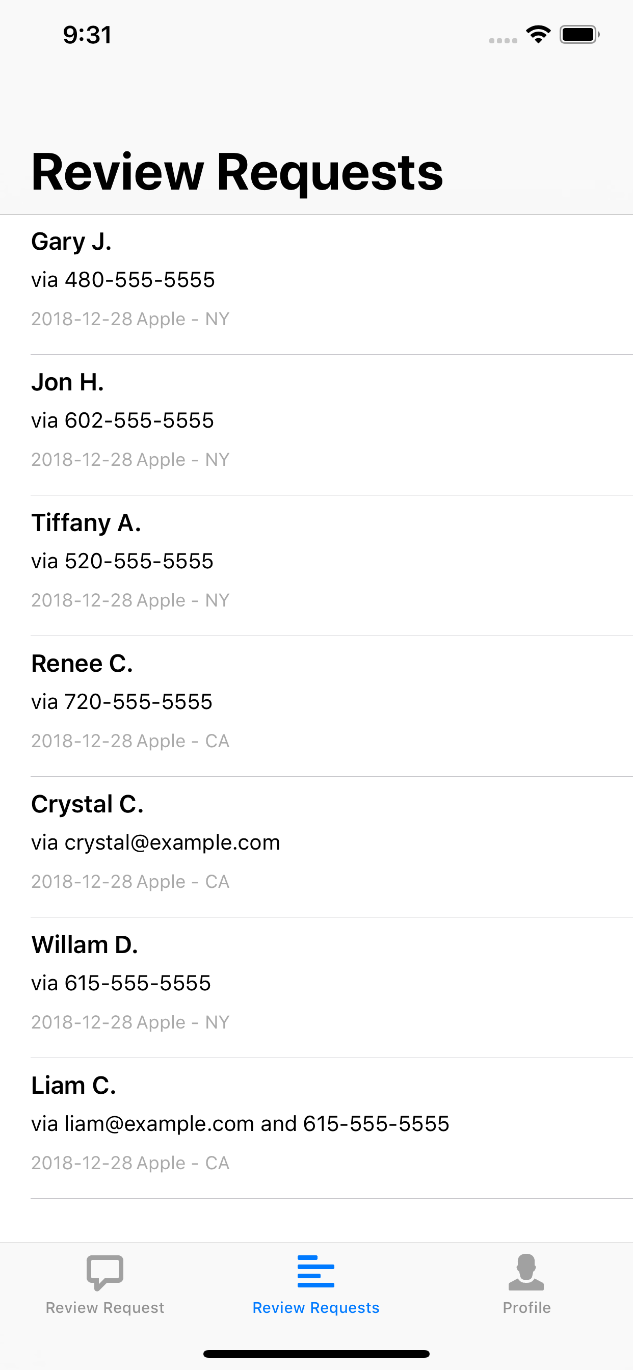 Rocket Reviews mobile app showing recent review requests